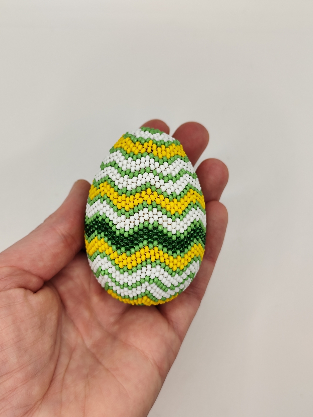 Handmade Beaded Egg - Green, Yellow & White